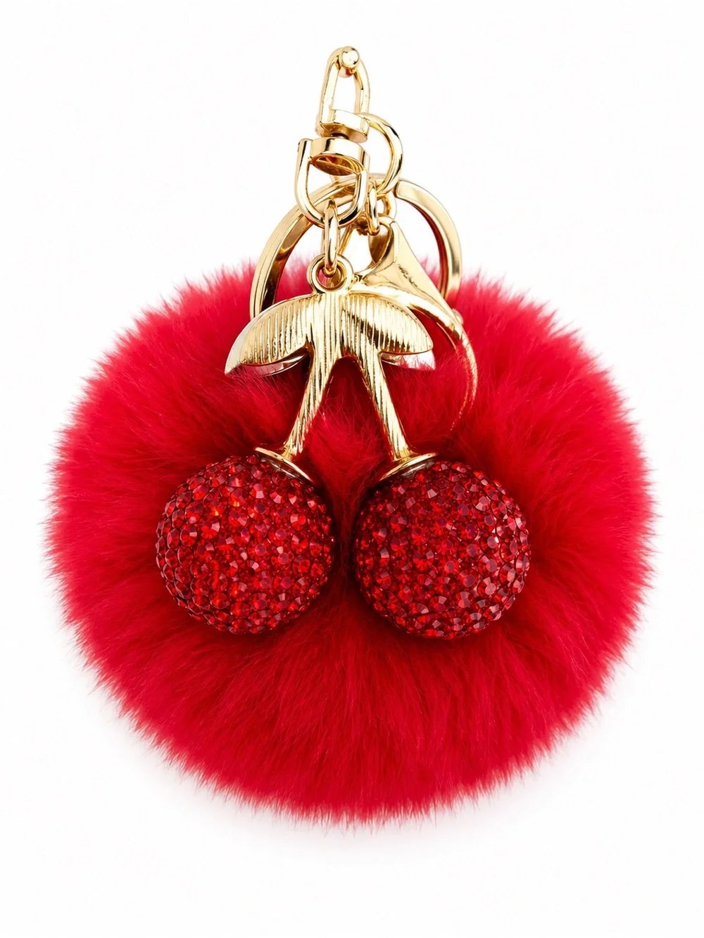 Red Cherry Pom Pom Bag Charm Wristlet Keychain